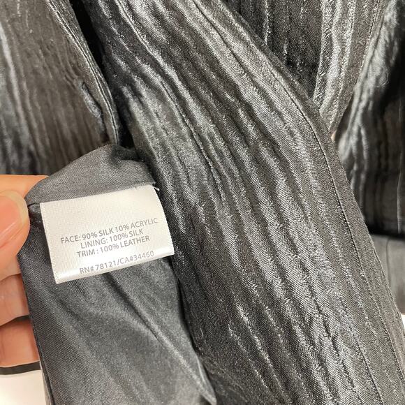 Eileen Fisher Black Collarless Crinkle Leather Trim Jacket M - Picture 3 of 5